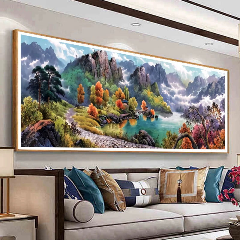 tableau paysage montagneux arbres rivière bois opaque réaliste peinture coton toile