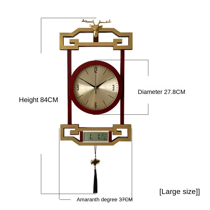 horloge murale bois chinois cadres dorés marron motif géométrique aiguilles dorées classique