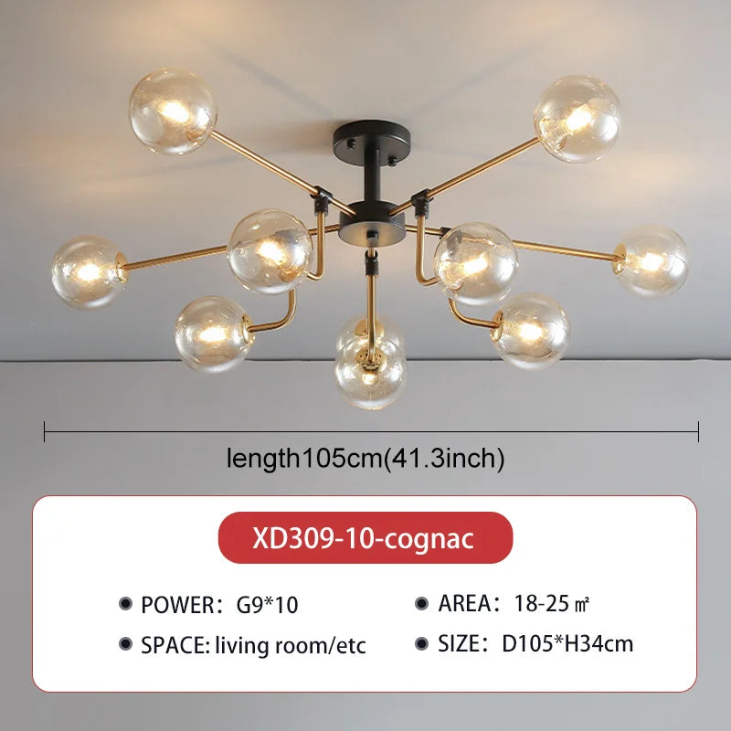 lampe suspension moderne sphères translucides structure dorée salon blanc nordique