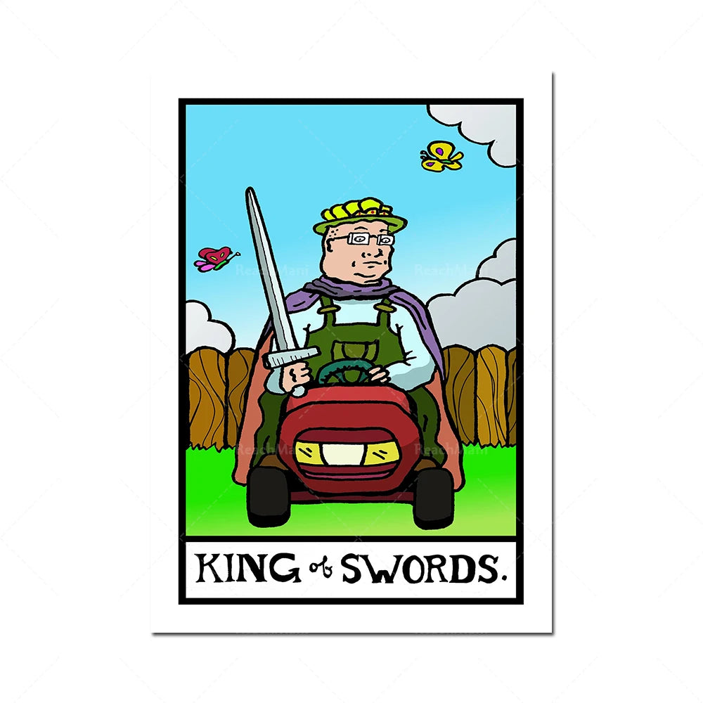 Une illustration humoristique représentant un roi armé d'une épée assis sur un tracteur rouge, avec le titre "Roi des épées" en anglais.