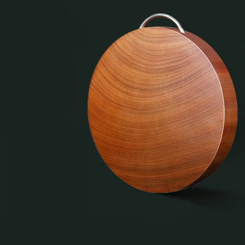 planche découper bois double face rond anti bactérienne facile nettoyer poignée métallique traditionnelle marron