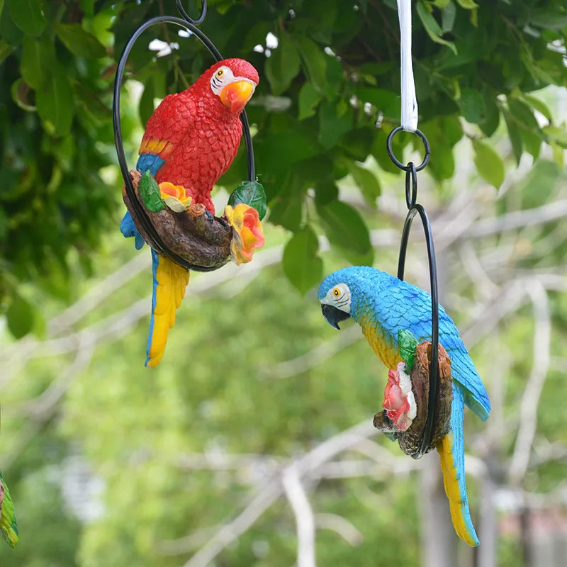 décoration extérieure oiseau suspendu perroquet plumage coloré anneau métallique jardin fleurs artificiellesbranches