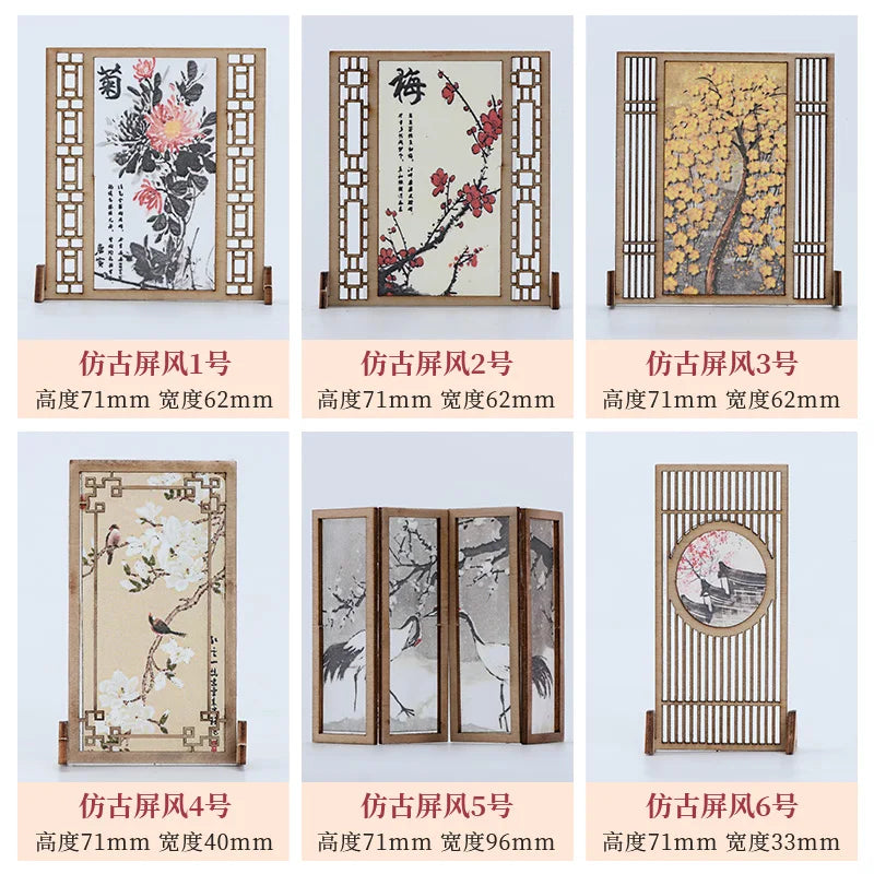 écran vintage bois chinois fleurs calligraphie stickers traditionnel intérieur décoration artisanale miniature