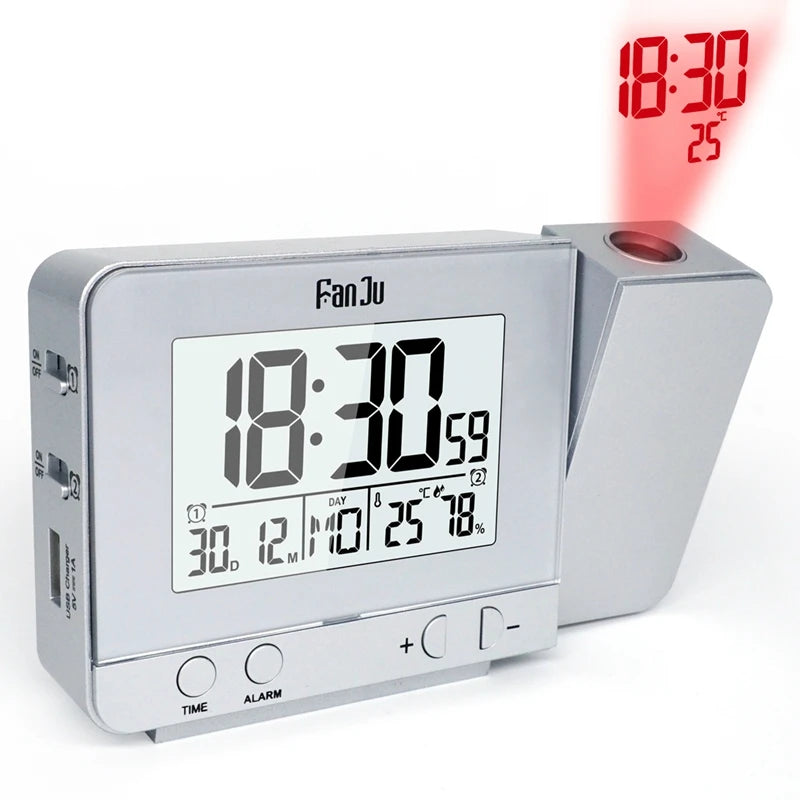 réveil projecteur numérique noir date heure thermomètre hygromètre fonction snooze led projection mur horloge