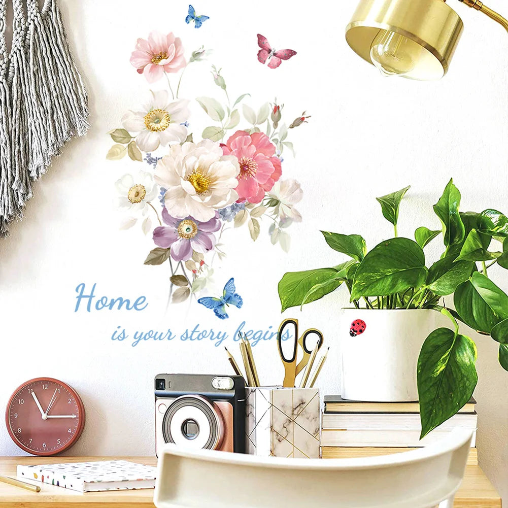 sticker mural fleurs multicolores papillons adhésif décoration maison salon chambre creative