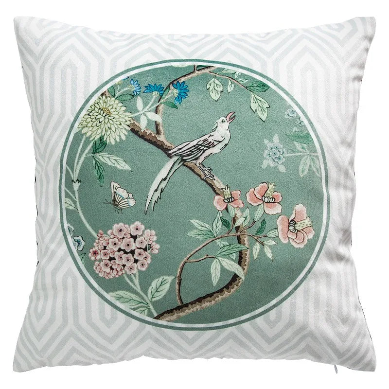 coussin décoratif motif oiseaux fleurs traditionnel tissu velours couleur beige opacité 45x45cm usage lit