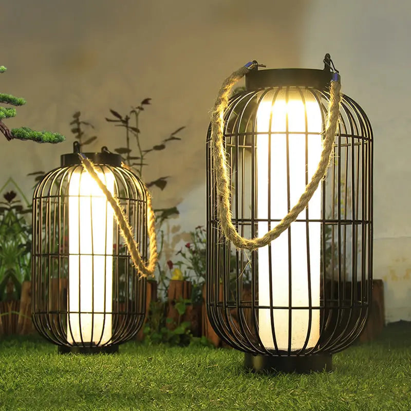 lanterne vintage rustique cage métallique corde noir toile blanche extérieure imperméable éclairage public led