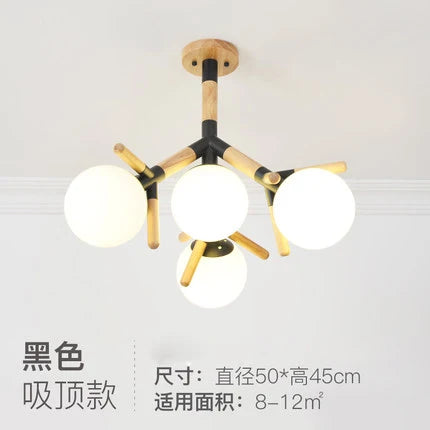 lampe suspendue moderne blanc bois sphères opaques scandinave chaines métallique