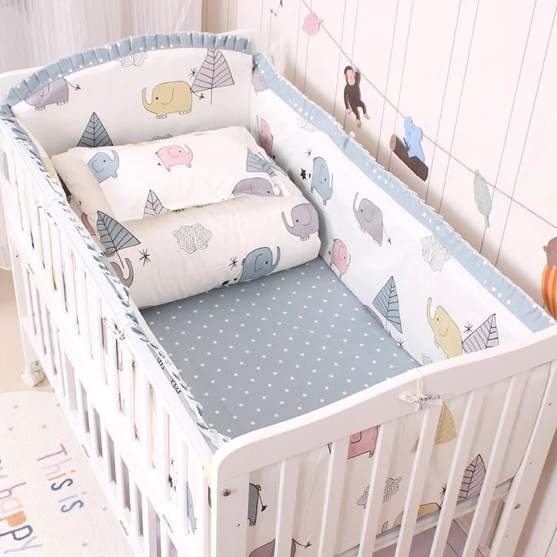 Parure de lit bébé 6 pièces en coton imprimé bleu avec pare-chocs