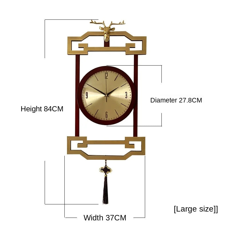 horloge murale bois chinois cadres dorés marron motif géométrique aiguilles dorées classique