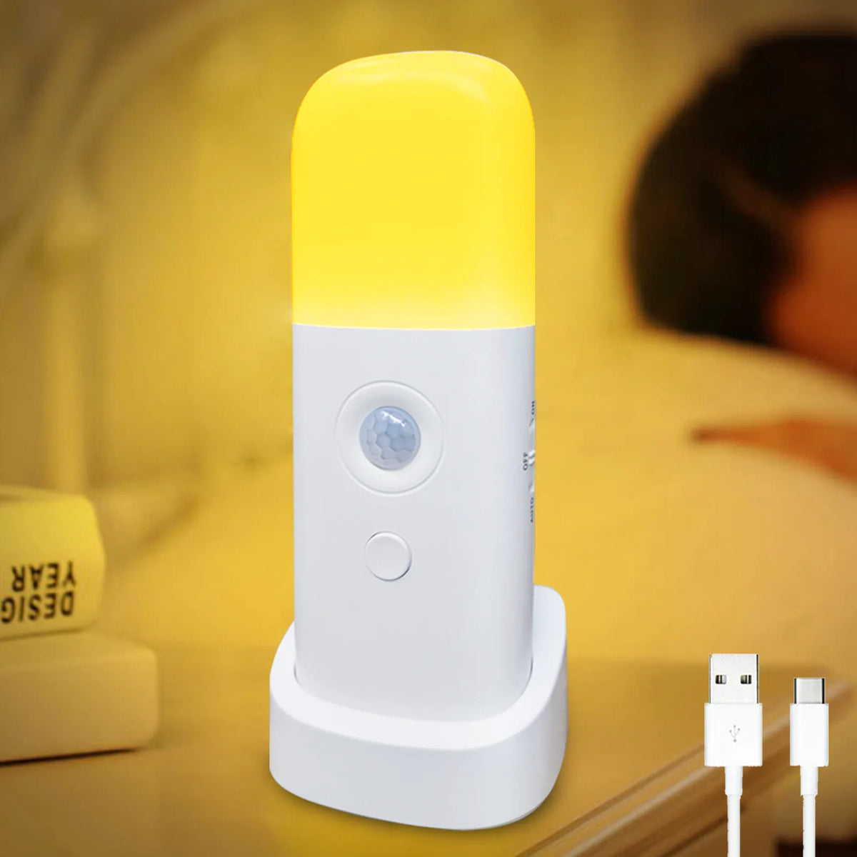veilleuse led détecteur mouvement rechargeable usb blanc jaune moderne chambre table
