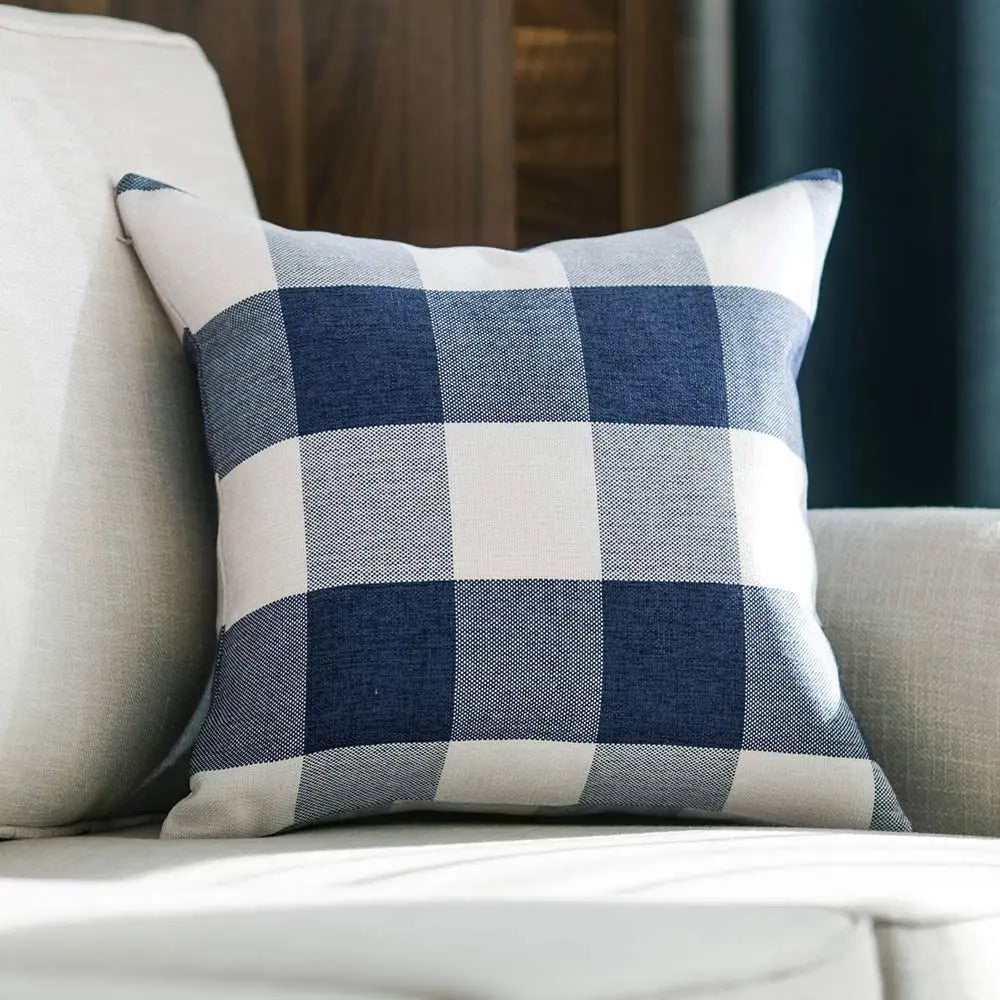 housse coussin carreaux géométriques bleu marine blanc rustique décontracté salon chambre voiture 45x45cm