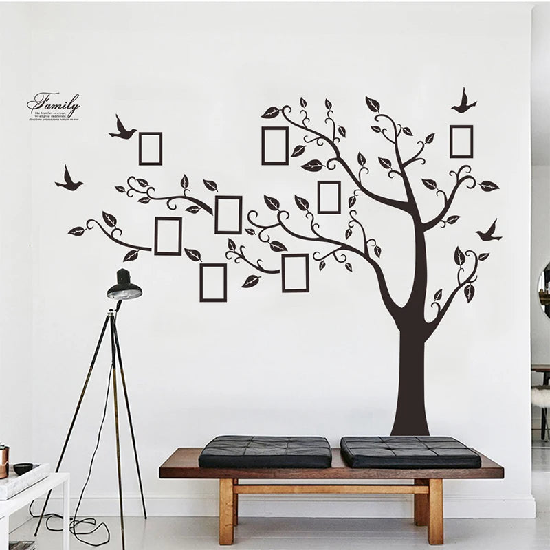 sticker mural moderne arbre branches feuilles oiseaux cadres photo noirs décoration intérieure