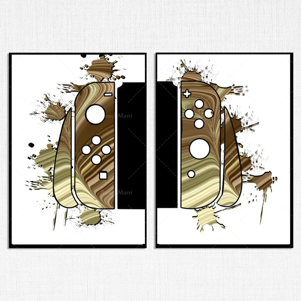 Deux manettes de jeu aux couleurs beige et marron éclaboussées sur un fond blanc.