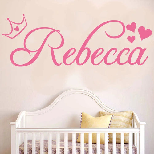 sticker mural couronne coeurs personnalisable chambre enfant roseclair décoration écriture cursiveOpaque