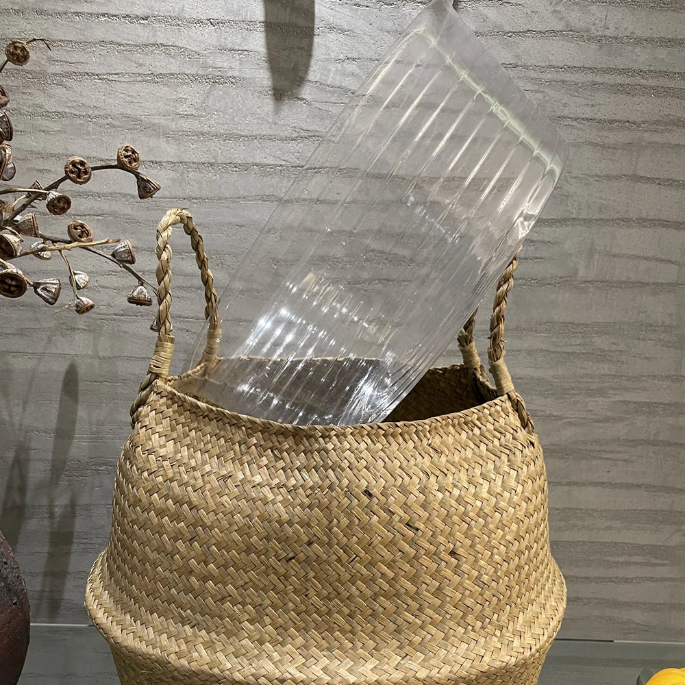 panier tissé osier pliable rangement stockage beige clair rustique naturel poignées corde