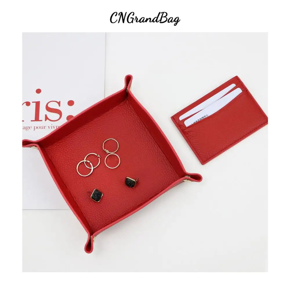 plateau rangement cuir noir rouge moderne porte clés montre carte boucles d'oreilles stylos figurine