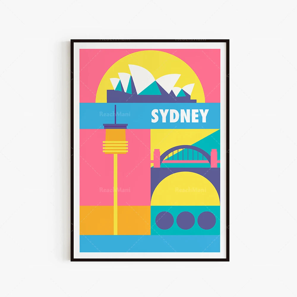 Affiche de voyage colorée mettant en valeur des symboles représentatifs de la ville de Sydney, notamment la célèbre opéra, le pont et les montagnes.