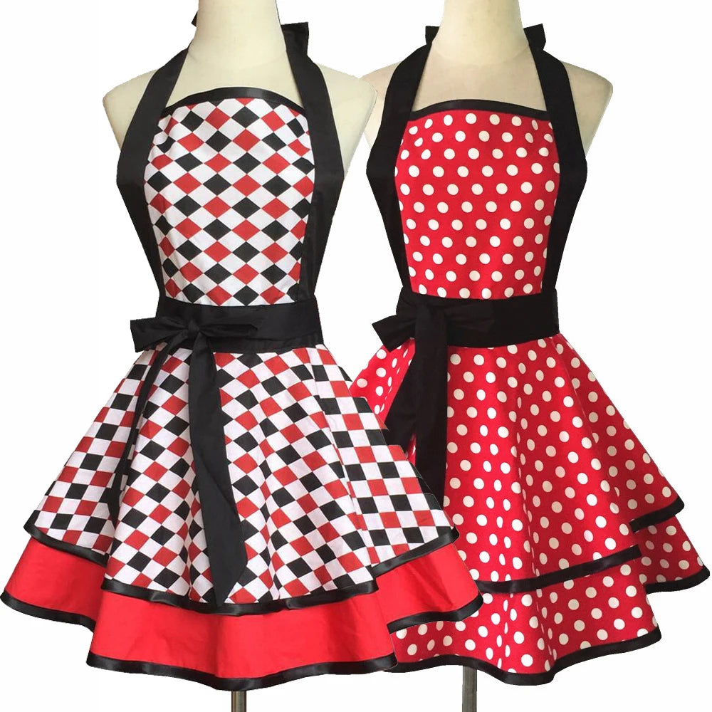 tablier vintage rétro femme pois coton épaulières ceinture décorative cuisine rouge noir blanc
