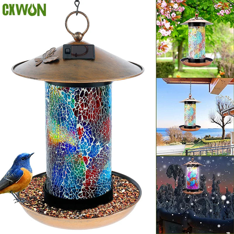 lanterne solaire mosaïque verre coloré niche oiseaux suspendue lumières rvb patio décoration extérieure bronze
