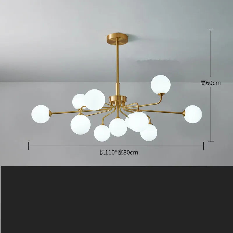 suspension lumineuse moderne or blanc sphères translucides structure métallique interrupteur tactile led