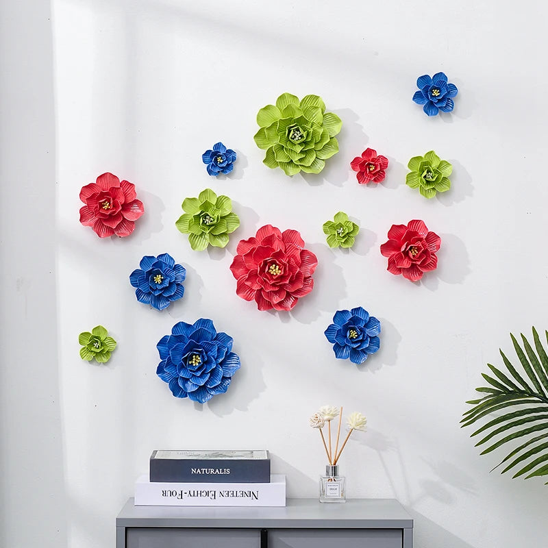 décor mural moderne fleurs artificielles rouge vert bleu adhésif 3d nature morte