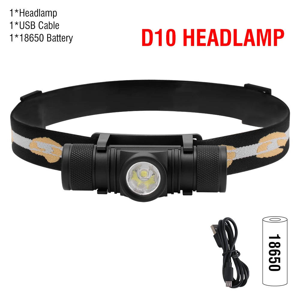 lampe frontale rechargeable camping chasse étanche 10w led noir jaune adjustable