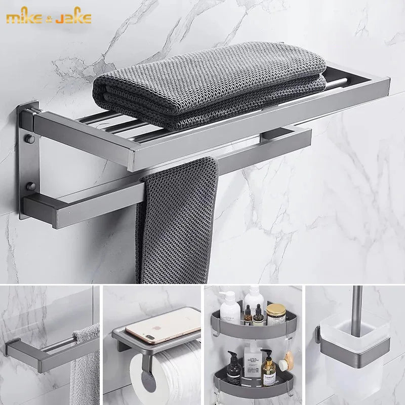 Ensemble accessoire salle de bain gris métal avec porte-serviettes et étagère