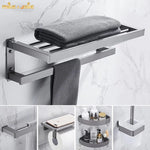 Ensemble accessoire salle de bain gris métal avec porte-serviettes et étagère