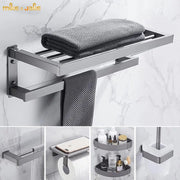 accessoires salle bain ensemble gris métal porte serviettes barre etagere papier moderne minimaliste fixations
