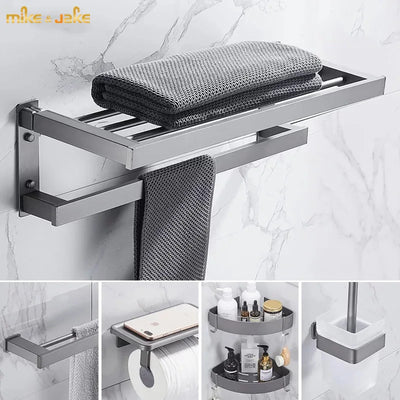 Ensemble accessoire salle de bain gris métal avec porte-serviettes et étagère