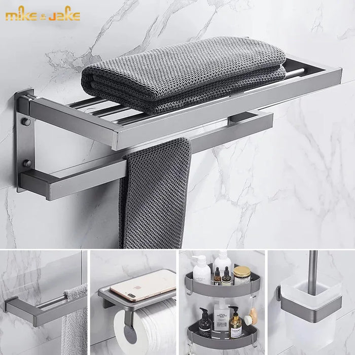 Ensemble accessoire salle de bain gris métal avec porte-serviettes et étagère