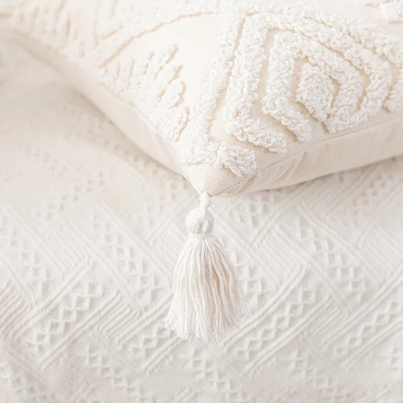 housses coussins coton blanc motif géométrique boho chic tassel opaques 45x45cm 30x50cm