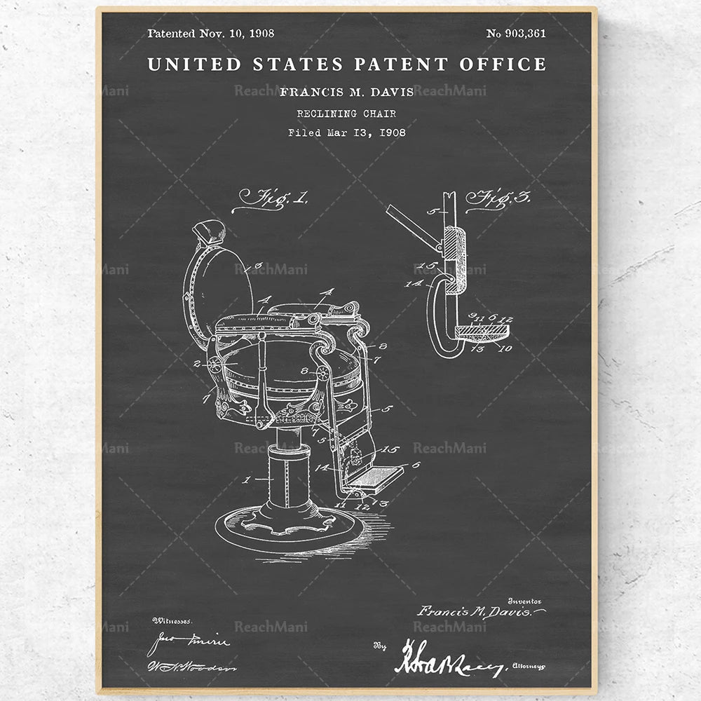 Représentation schématique d'un fauteuil inclinable, brevet déposé en 1908 par l'inventeur Francis M. Davis.