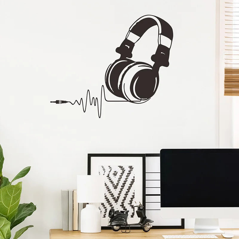 autocollant mural moderne casque audio noir adhésif pvc résistant eau dimension 37cm 44cm chambre