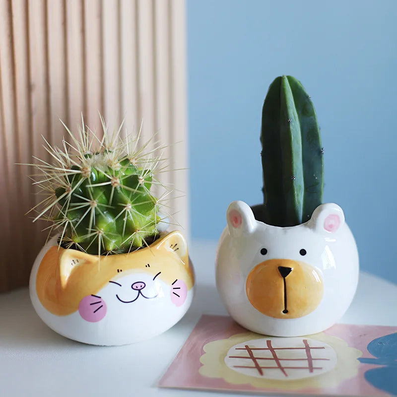 cache pot animaux cartoon cactus ours girafe renard chat fleur verte porcelain moderne