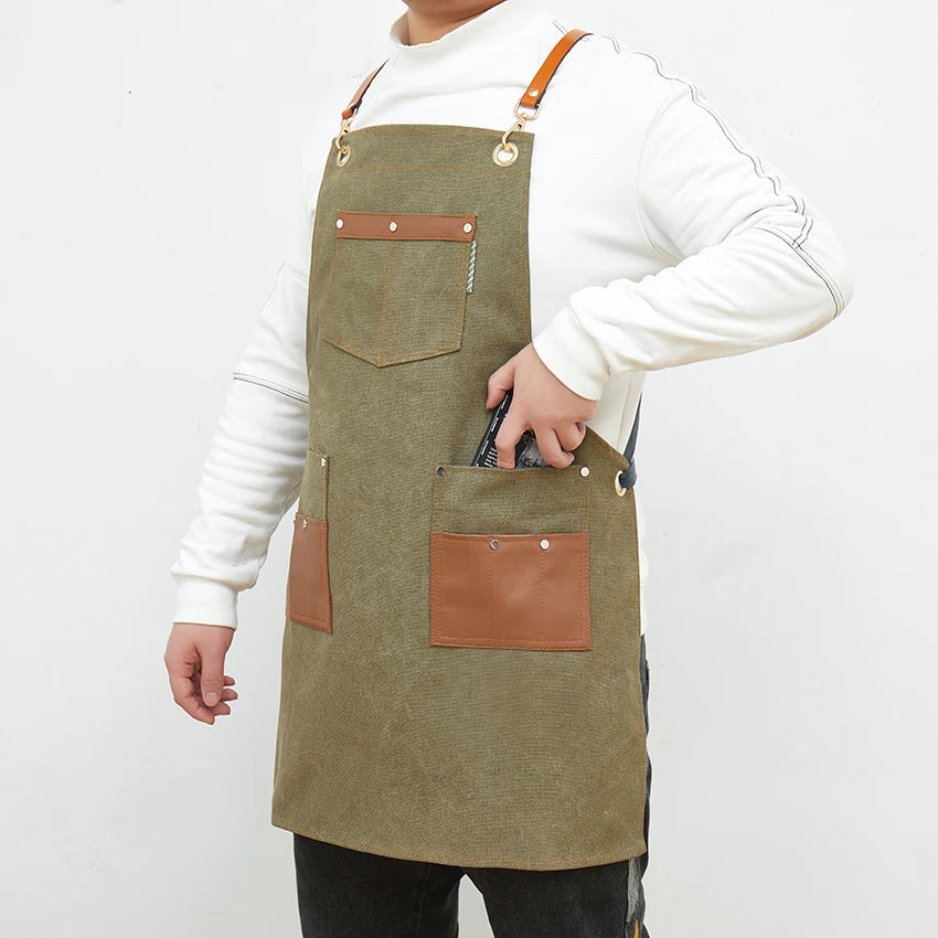 tablier cuisine toile coton poches cuir boucles travail professionnel
