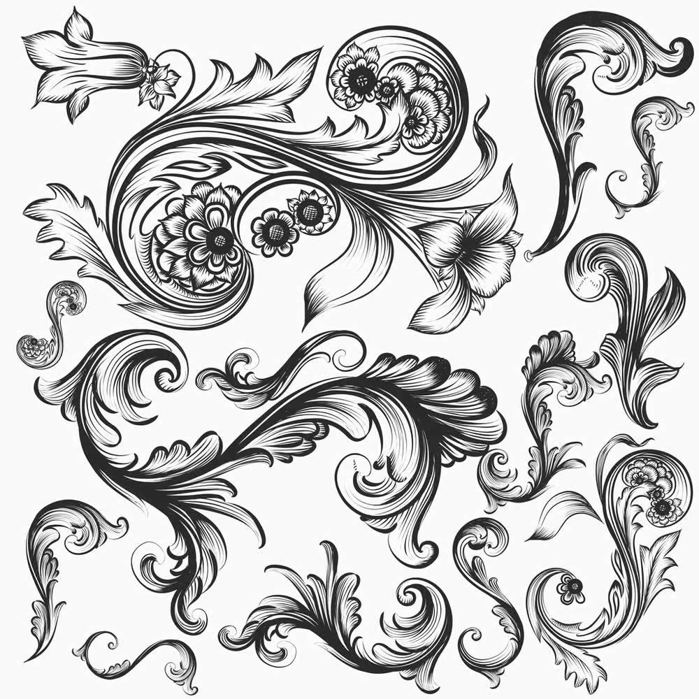 timbres vintage baroques motifs floraux ornements feuilles fleurs marron clair décoration artisanale scrapbooking