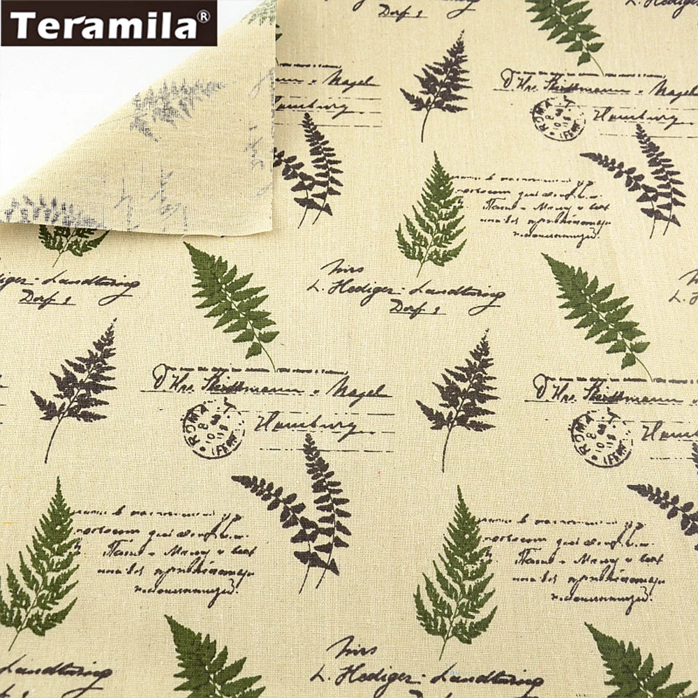 tissu vintage rustique fougères écriture manuscrite beige vert foncé noir décoration maison sac nappe