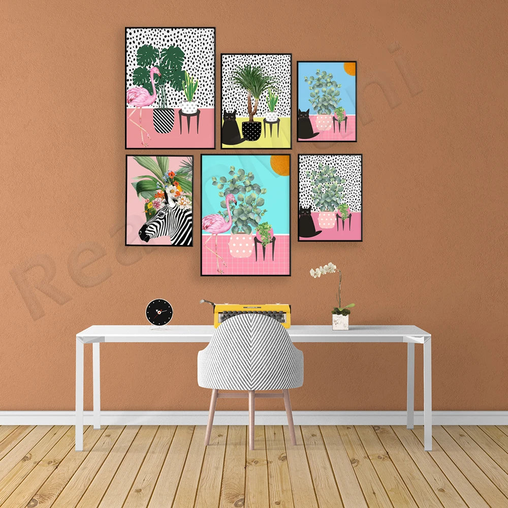 Un mur de galerie artistique avec des motifs floraux et des animaux dans une ambiance moderne et colorée, créant une atmosphère chaleureuse et inspirante pour un espace de travail.