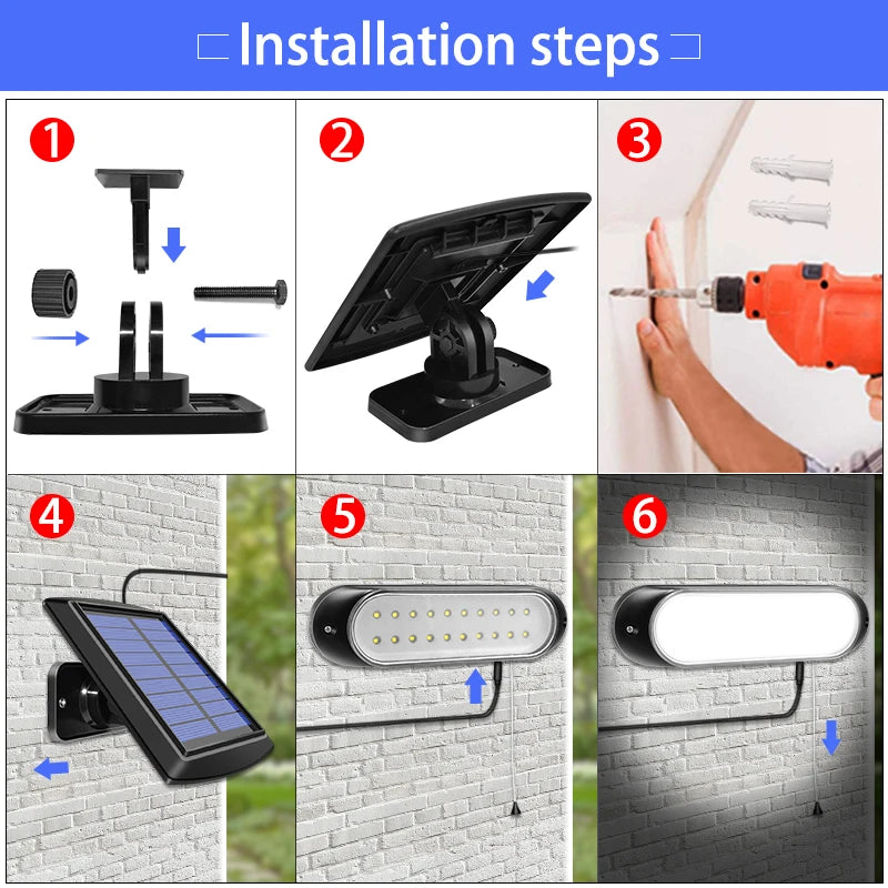 lampe solaire 20 led panneau séparable moderne interrupteur traction étanche 5m câble vis noires