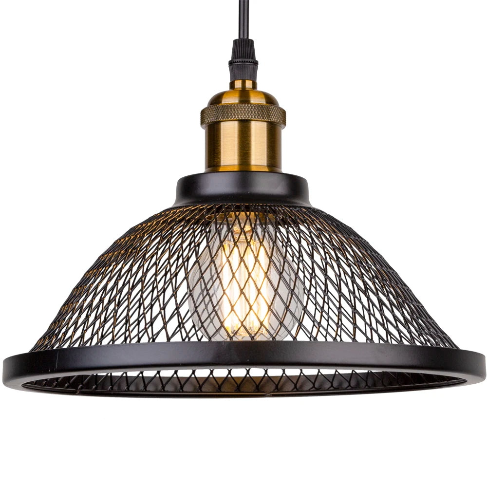 lampe suspendue industrielle noir doré maille métallique opacité câble noir salon chambre étude
