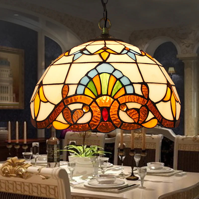 lampe suspendue multicolore stained glass art nouveau chaîne métallique e27 led floral