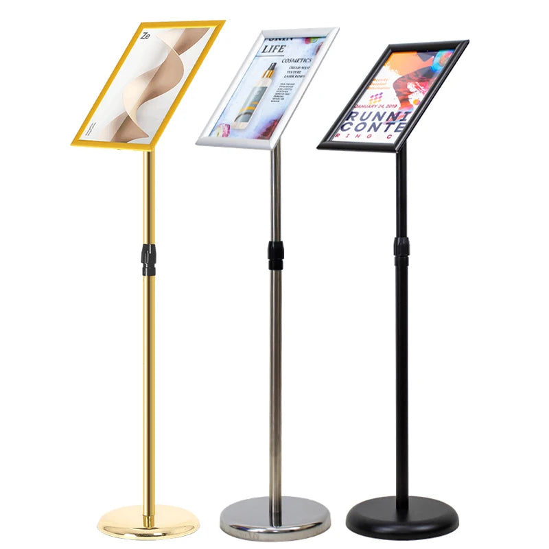 support publicitaire ajustable or argent noir hauteur réglable clips base ronde a3 a4 a2