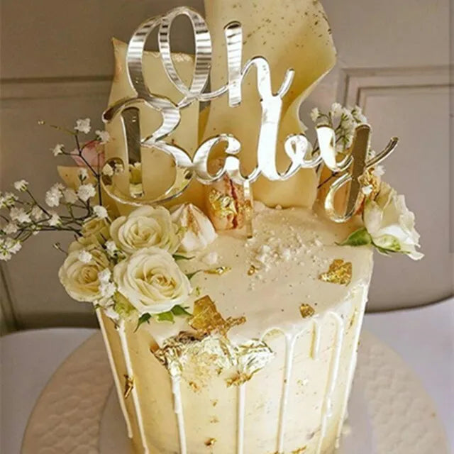 décoration gâteau Oh Baby acrylique transparent or rose moderne élégant anniversaire mariage noël transparente