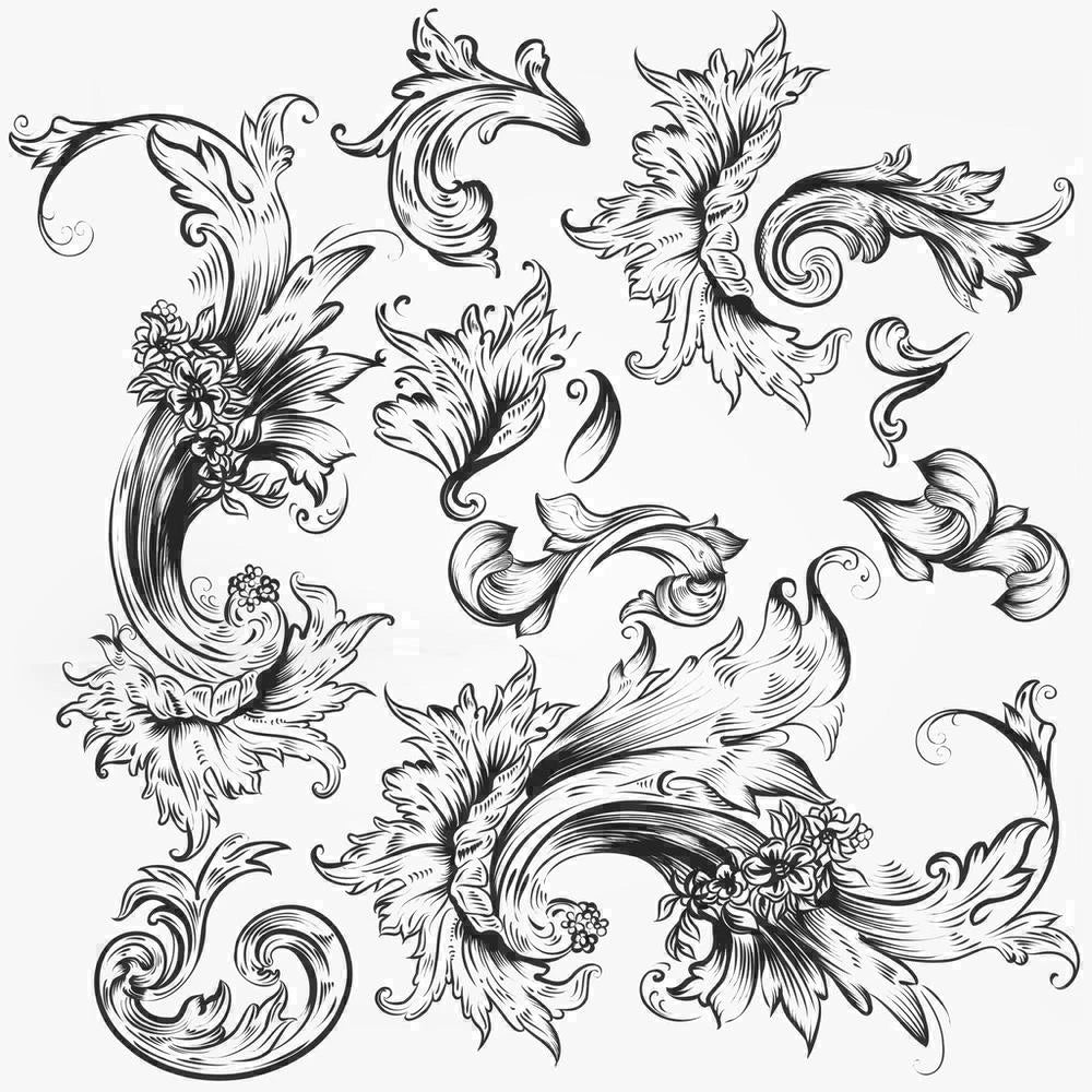 timbres vintage baroques motifs floraux ornements feuilles fleurs marron clair décoration artisanale scrapbooking