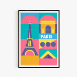 Illustration graphique colorée représentant des éléments emblématiques de Paris, notamment la Tour Eiffel, l'Arc de Triomphe et des formes géométriques.