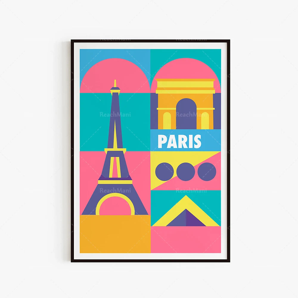 L'affiche représente des icônes emblématiques de Paris, dont la Tour Eiffel, l'Arc de Triomphe et des formes géométriques colorées, offrant une vision moderne et stylisée de la ville.