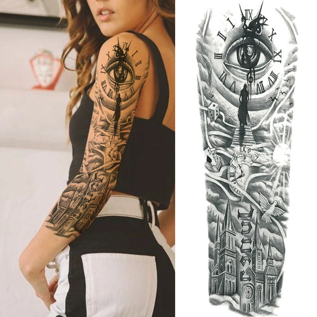 tatouage temporaire adhésif bras complet motif mécanique gothique steampunk crâne fleur noir blanc