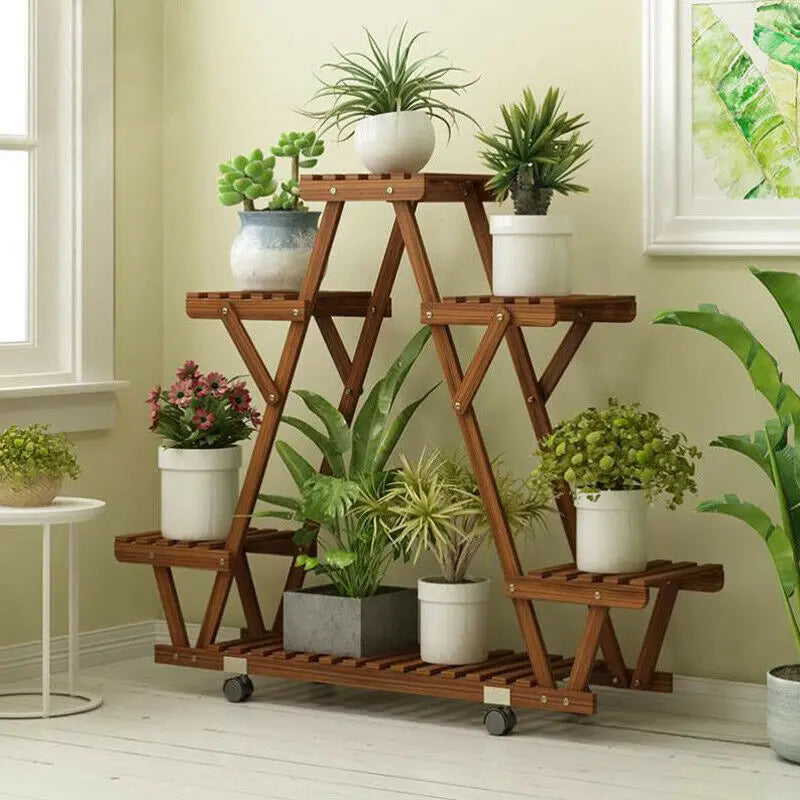meuble plantes pliable bois moderne niveaux roulettes pots assemblage